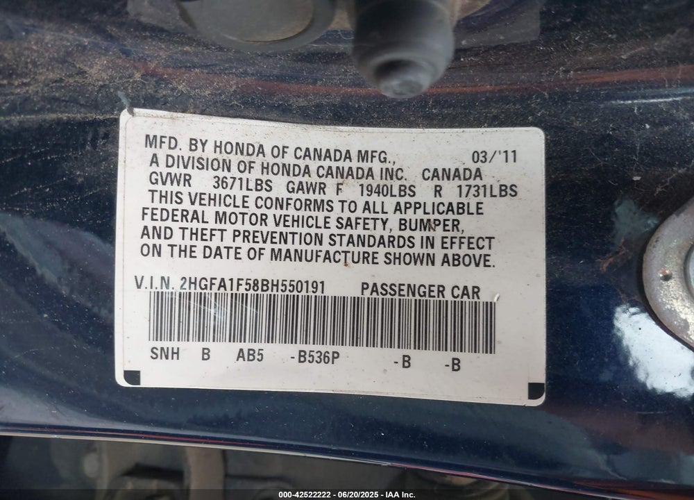 2011 HONDA CIVIC VIN: 2HGFA1F58BH550191