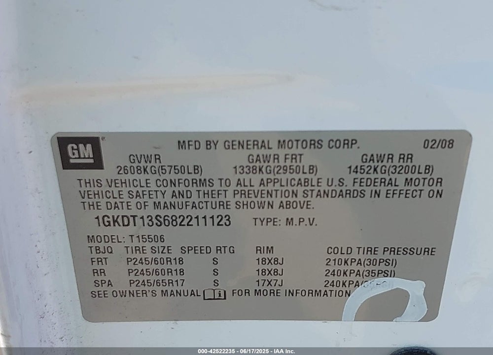 2008 GMC ENVOY VIN: 1GKDT13S682211123
