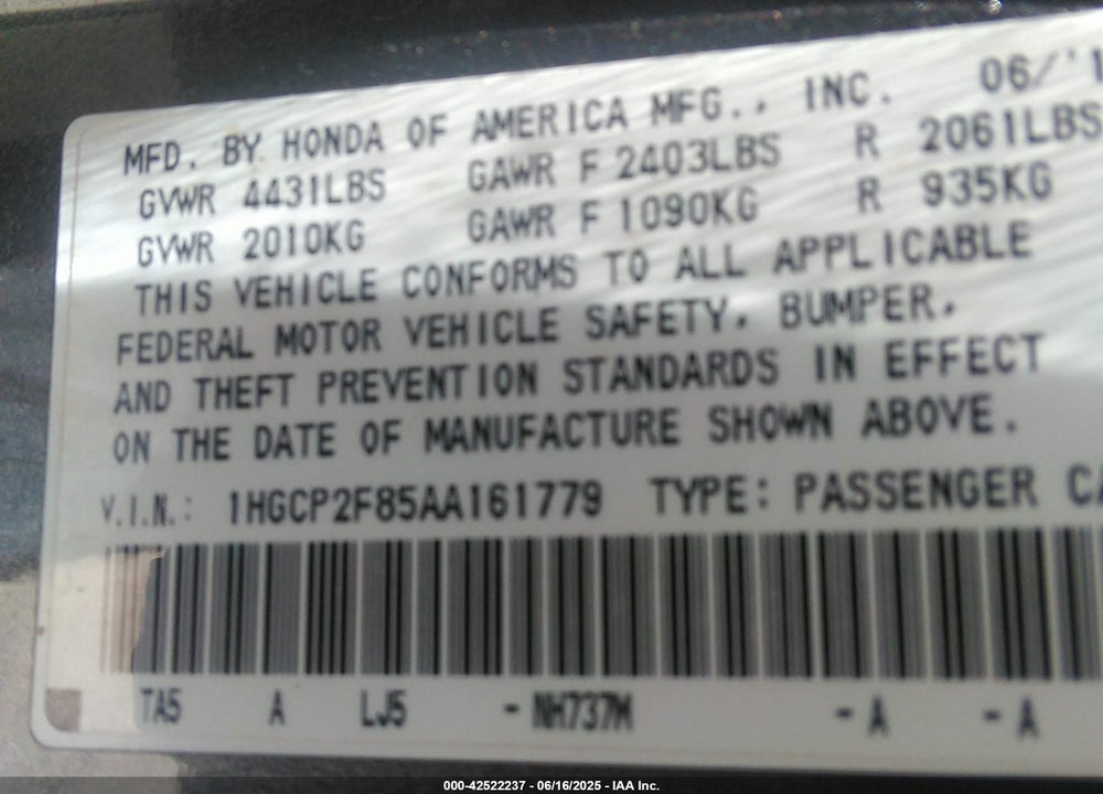 2010 HONDA ACCORD VIN: 1HGCP2F85AA161779