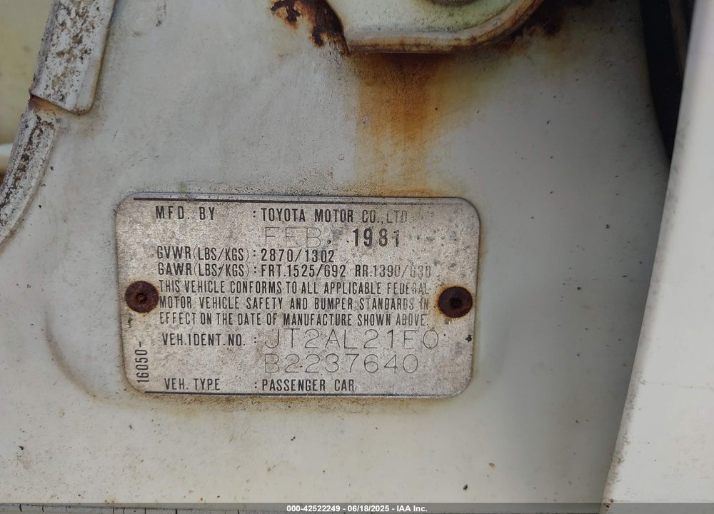 1981 TOYOTA TERCEL VIN: JT2AL21E0B2237640