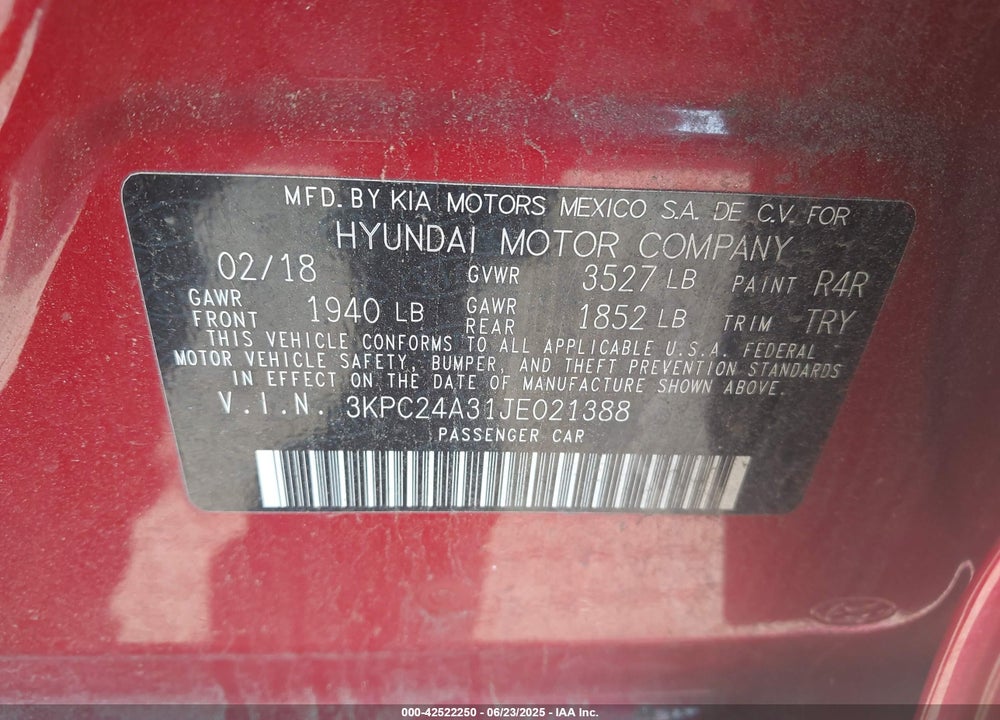 2018 HYUNDAI ACCENT VIN: 3KPC24A31JE021388