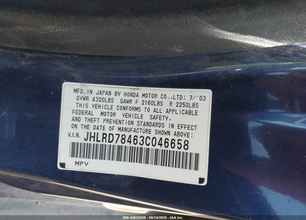 2003 HONDA CR-V LX VIN: JHLRD78463C046658