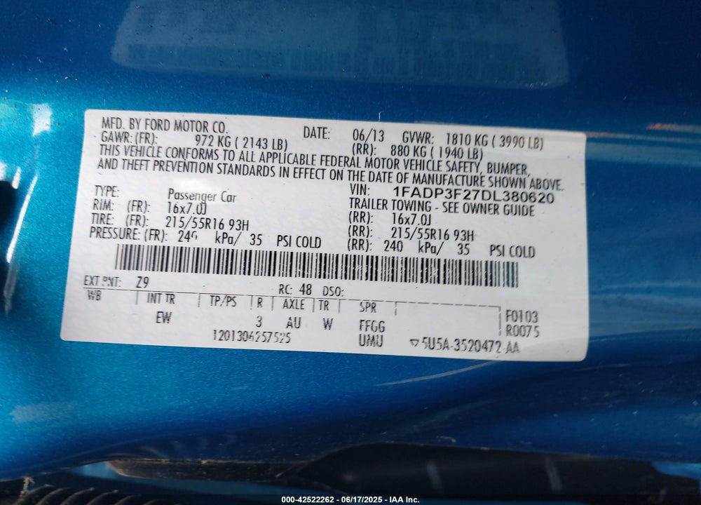 2013 FORD FOCUS SE VIN: 1FADP3F27DL380620