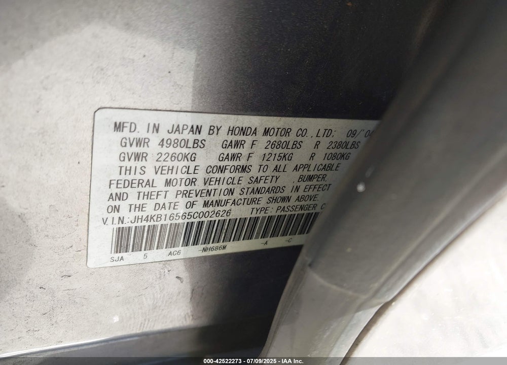 2005 ACURA RL 3.5 VIN: JH4KB16565C002626