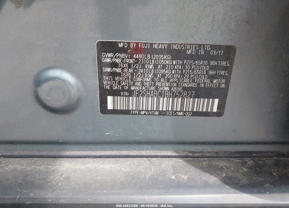 2011 SUBARU FORESTER 2.5X VIN: JF2SHABC1BH752827