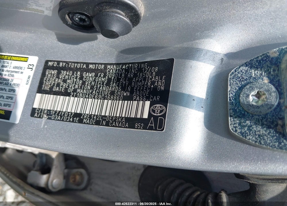 2009 TOYOTA COROLLA S VIN: 2T1BU40E69C168860