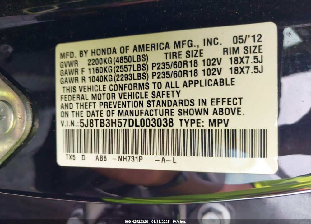 2013 ACURA RDX VIN: 5J8TB3H57DL003038