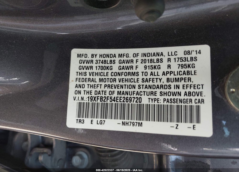 2014 HONDA CIVIC VIN: 19XFB2F54EE269720