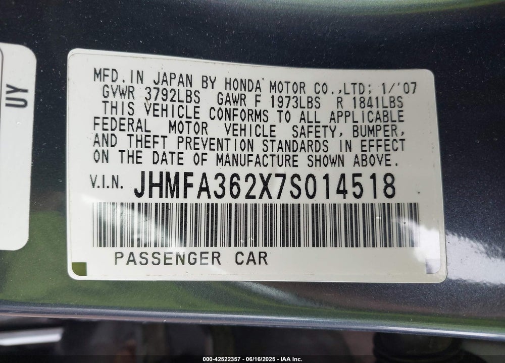 2007 HONDA CIVIC HYBRID VIN: JHMFA362X7S014518