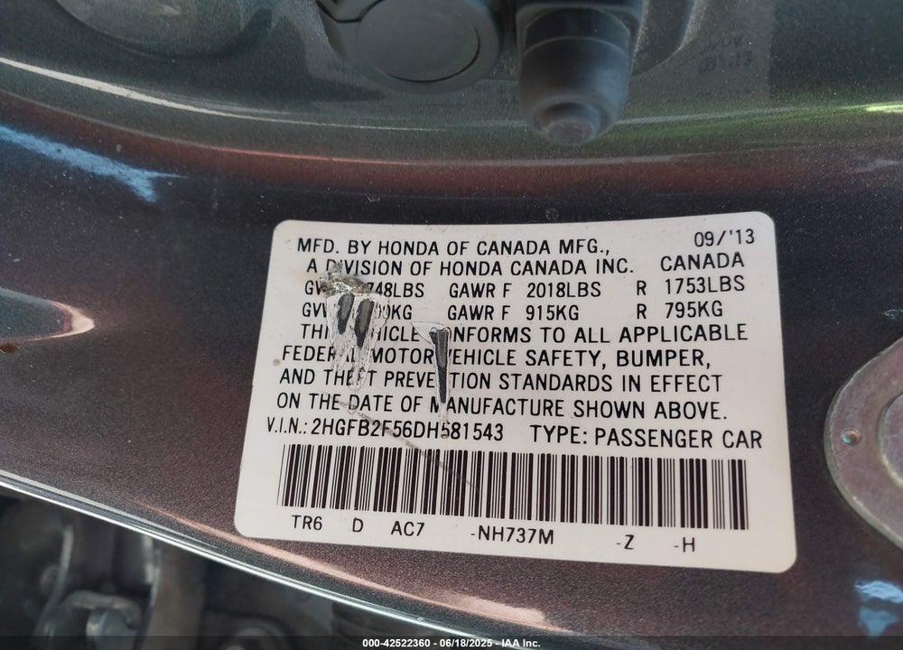 2013 HONDA CIVIC VIN: 2HGFB2F56DH581543