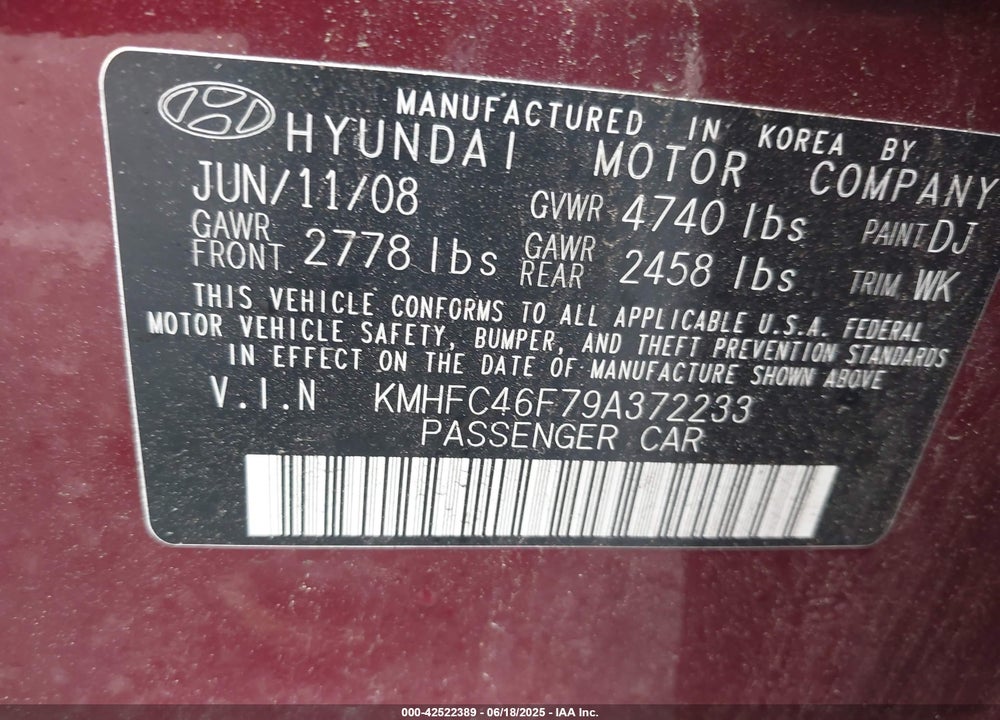 2009 HYUNDAI AZERA VIN: KMHFC46F79A372233