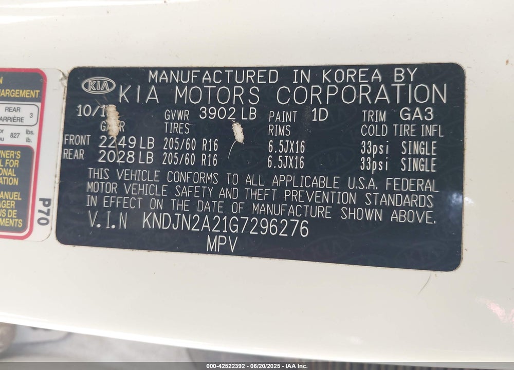2016 KIA SOUL VIN: KNDJN2A21G7296276