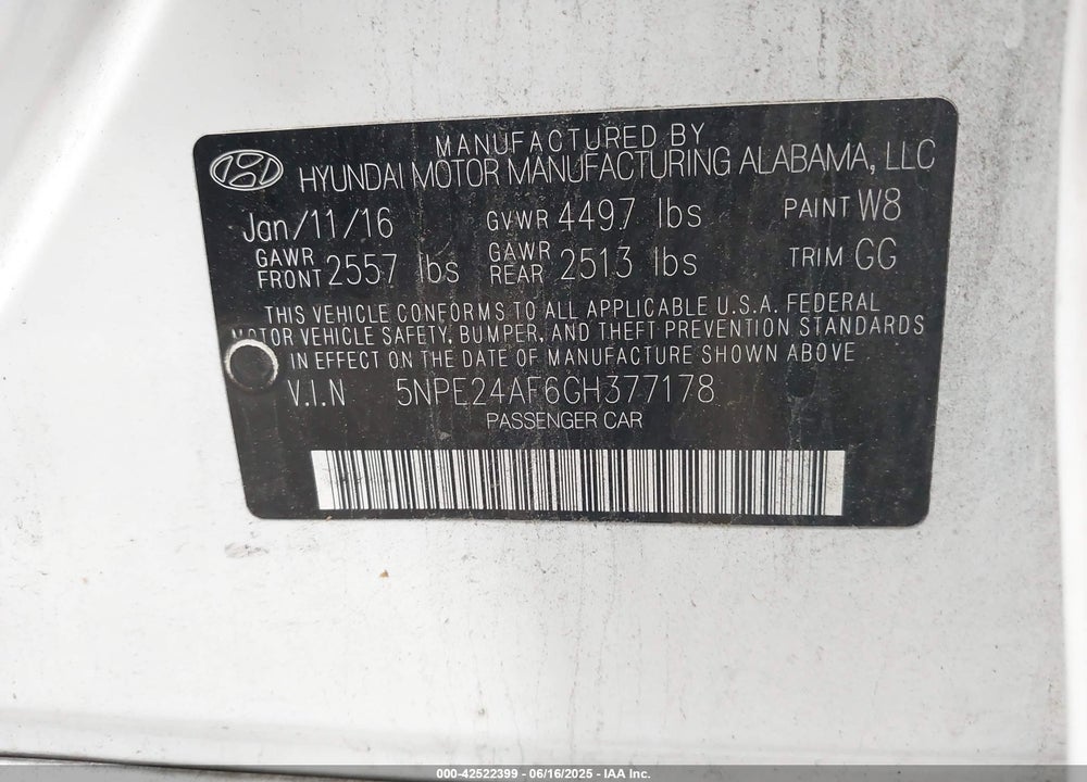 2016 HYUNDAI SONATA SE VIN: 5NPE24AF6GH377178