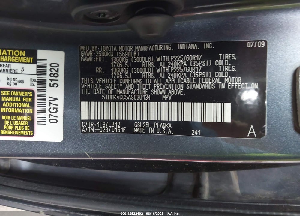 2010 TOYOTA SIENNA XLE VIN: 5TDDK4CC5AS030134
