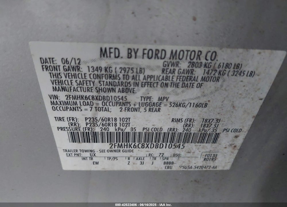 2013 FORD FLEX VIN: 2FMHK6C8XDBD10545