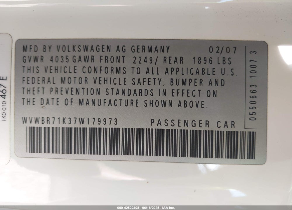 2007 VOLKSWAGEN RABBIT VIN: WVWBR71K37W179973