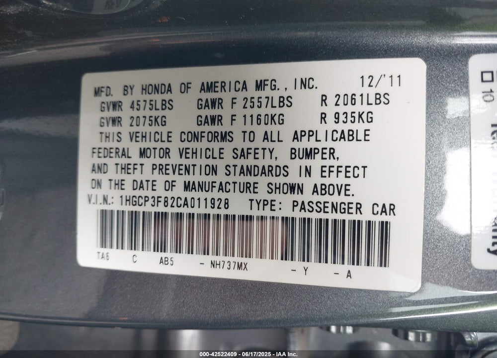 2012 HONDA ACCORD VIN: 1HGCP3F82CA011928