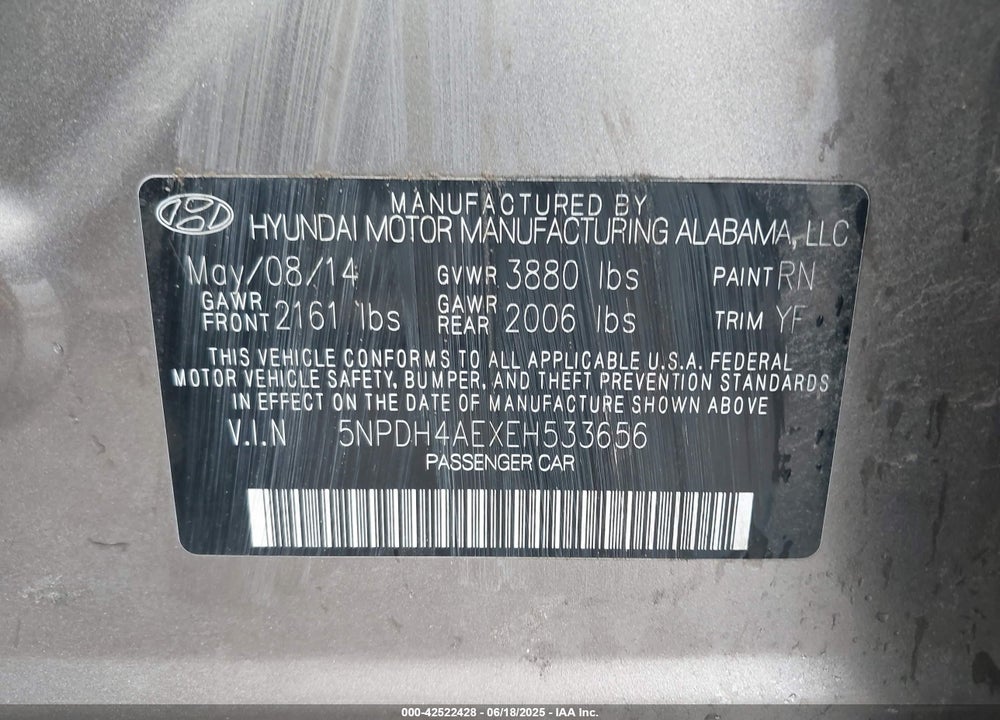 2014 HYUNDAI ELANTRA VIN: 5NPDH4AEXEH533656