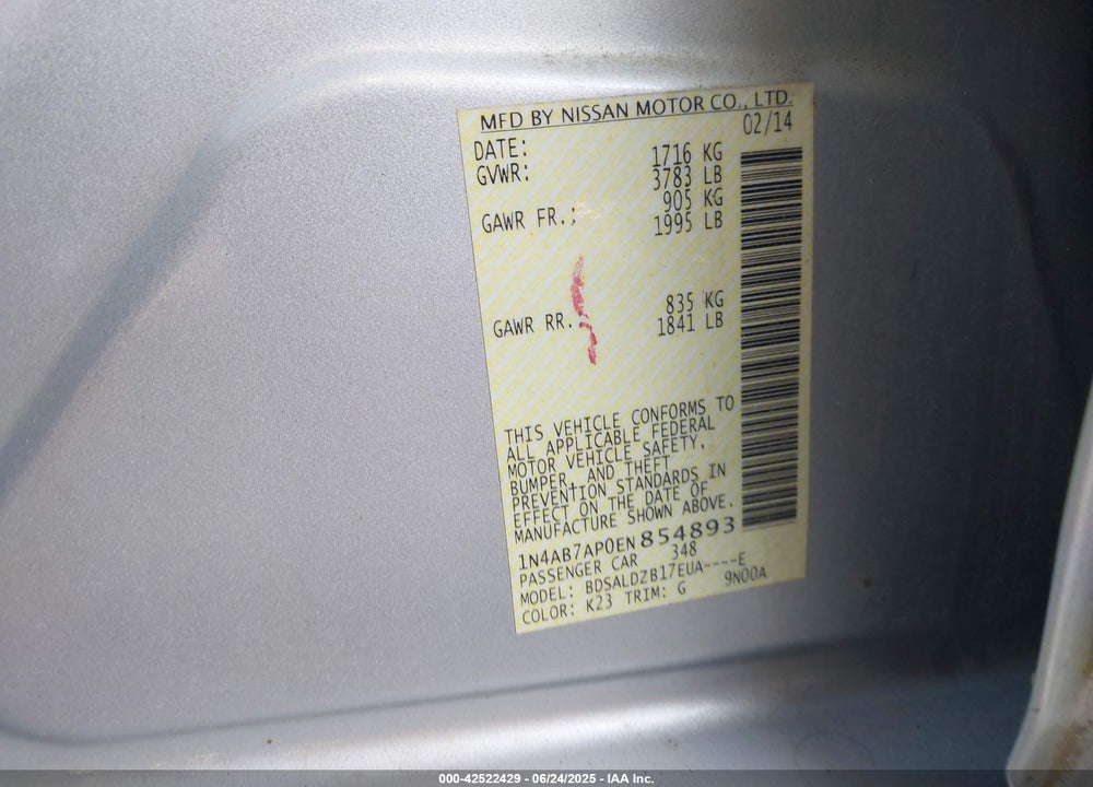 2014 NISSAN SENTRA VIN: 1N4AB7AP0EN854893