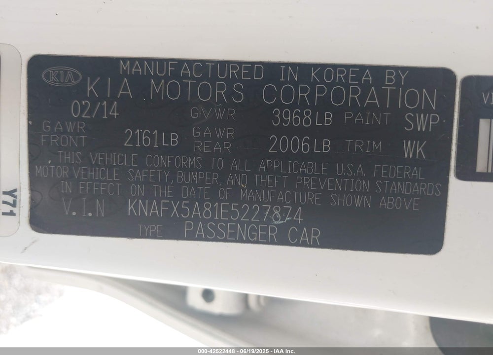 2014 KIA FORTE EX VIN: KNAFX5A81E5227874