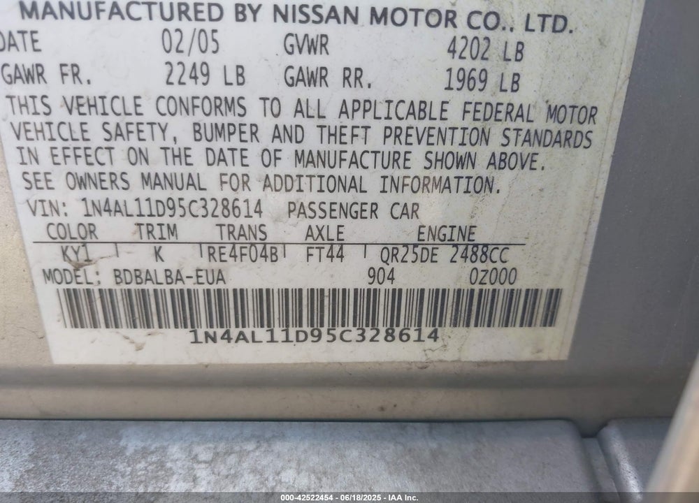 2005 NISSAN ALTIMA 2.5 S VIN: 1N4AL11D95C328614