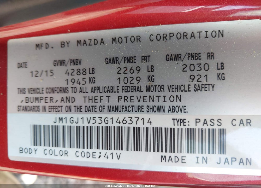 2016 MAZDA 6 I TOURING VIN: JM1GJ1V53G1463714