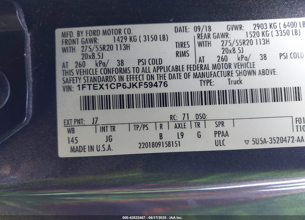 2018 FORD F-150 VIN: 1FTEX1CP6JKF59476
