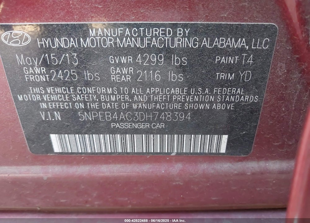 2013 HYUNDAI SONATA GLS VIN: 5NPEB4AC3DH748394