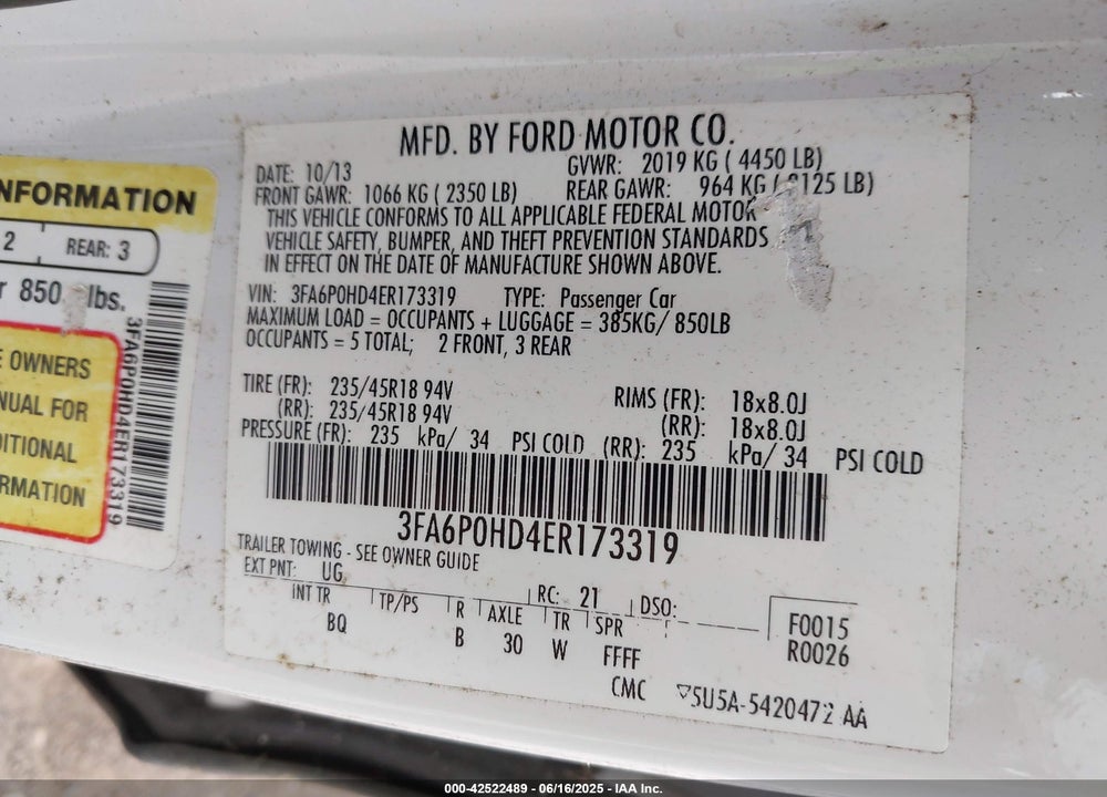 2014 FORD FUSION SE VIN: 3FA6P0HD4ER173319