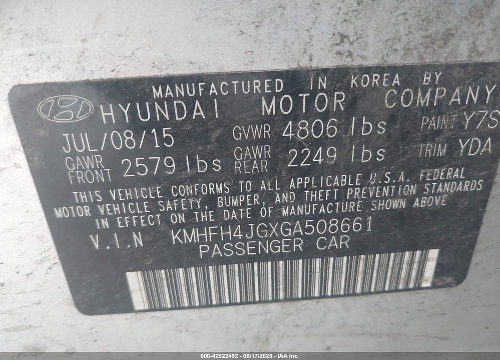 2016 HYUNDAI AZERA VIN: KMHFH4JGXGA508661