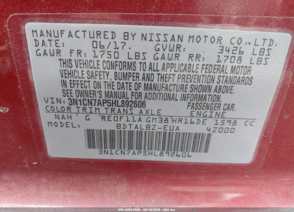 2017 NISSAN VERSA VIN: 3N1CN7AP5HL892606