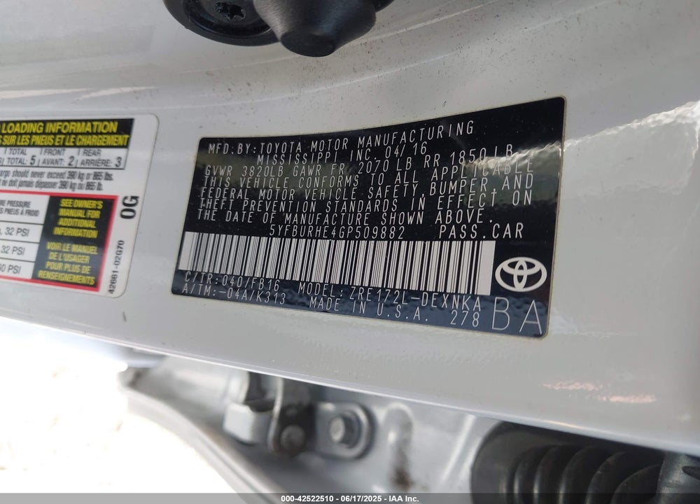 2016 TOYOTA COROLLA LE VIN: 5YFBURHE4GP509882