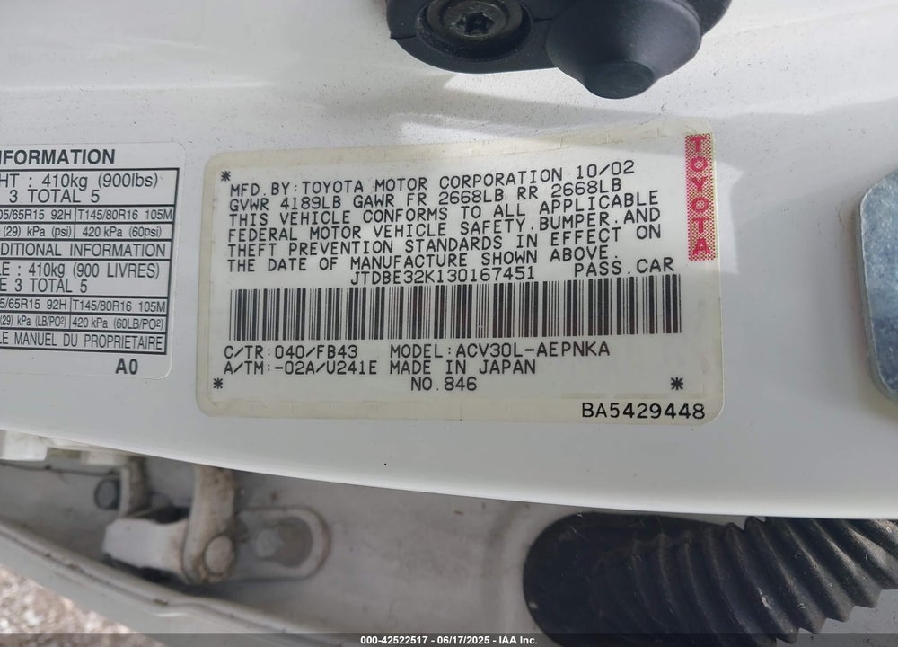 2003 TOYOTA CAMRY LE VIN: JTDBE32K130167451