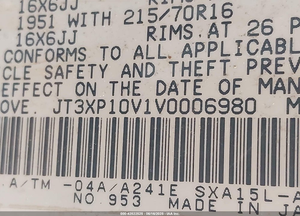 1997 TOYOTA RAV4 VIN: JT3XP10V1V0006980