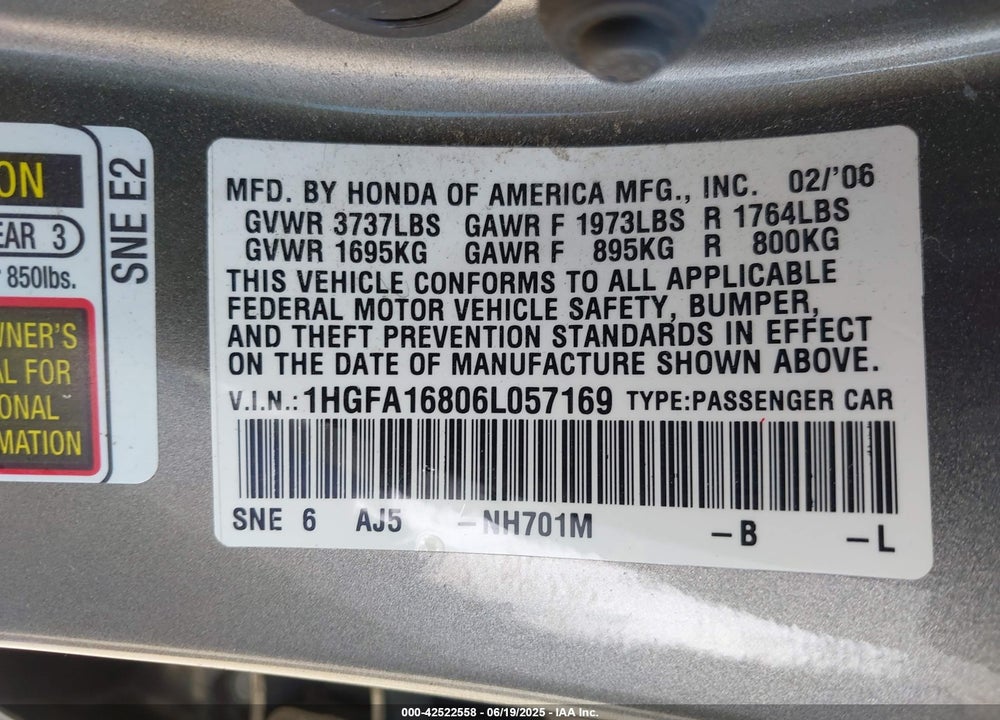 2006 HONDA CIVIC EX VIN: 1HGFA16806L057169