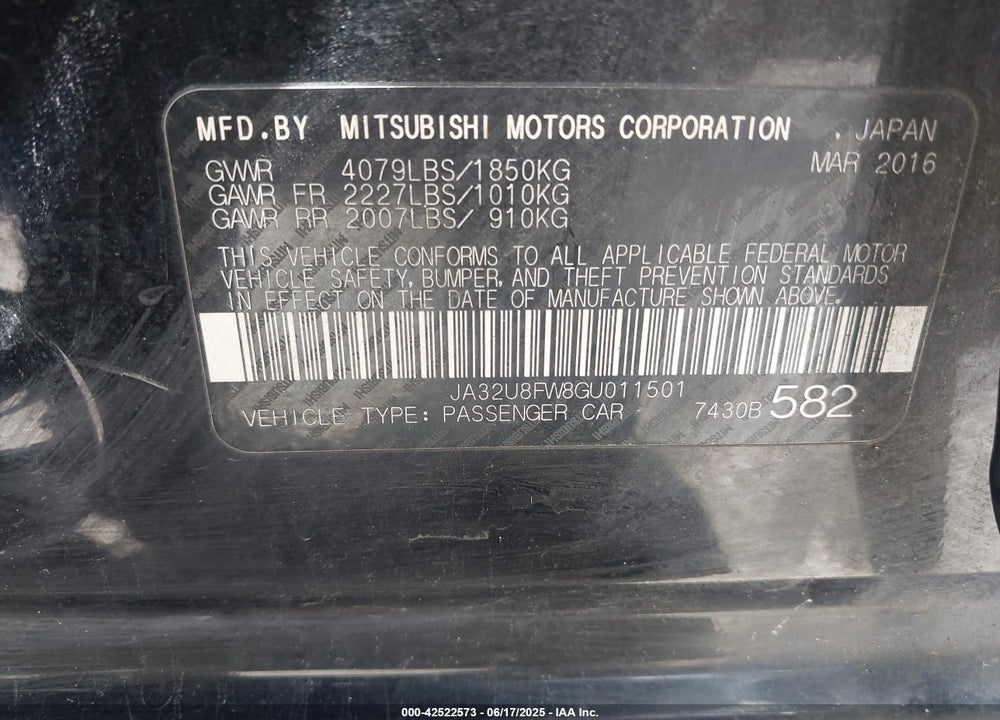 2016 MITSUBISHI LANCER GT VIN: JA32U8FW8GU011501