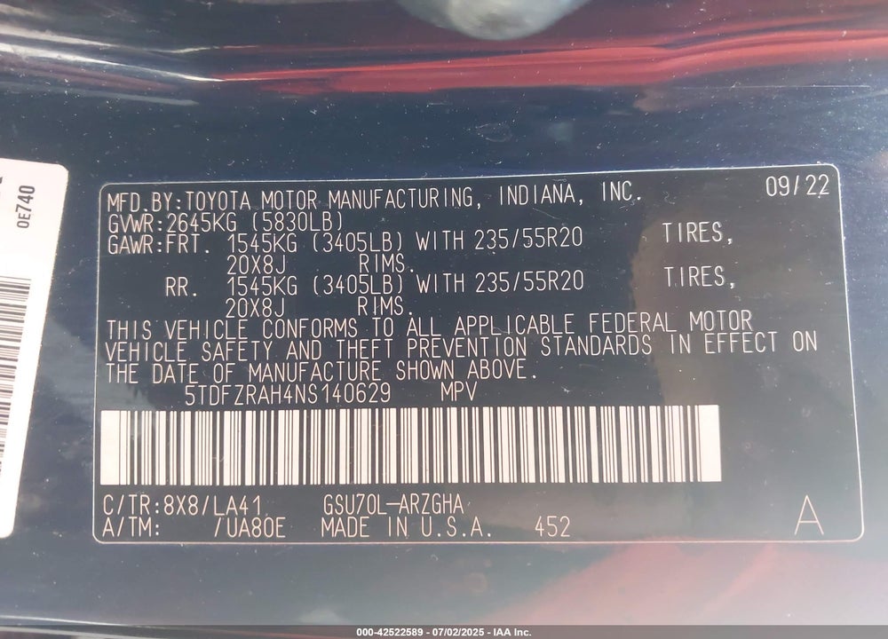 2022 TOYOTA HIGHLANDER VIN: 5TDFZRAH4NS140629