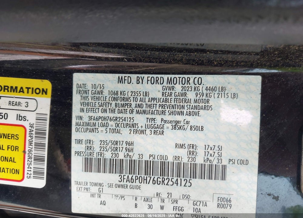 2016 FORD FUSION VIN: 3FA6P0H76GR254125