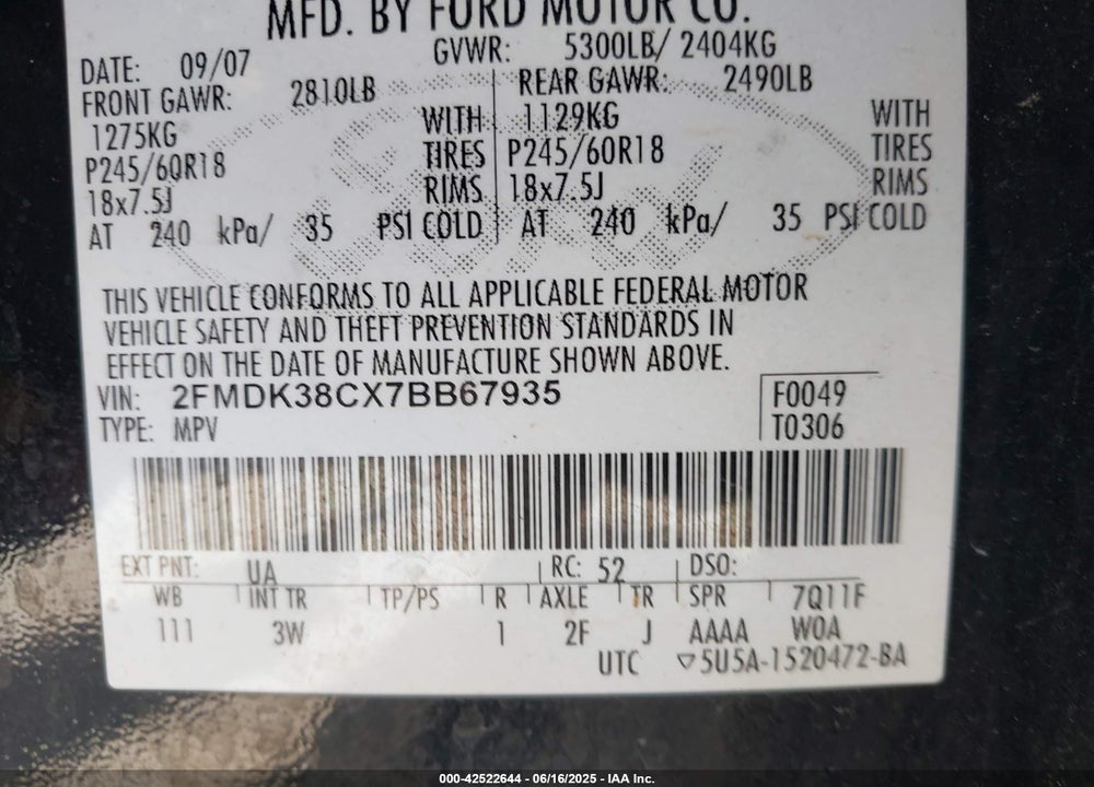 2007 FORD EDGE SEL VIN: 2FMDK38CX7BB67935