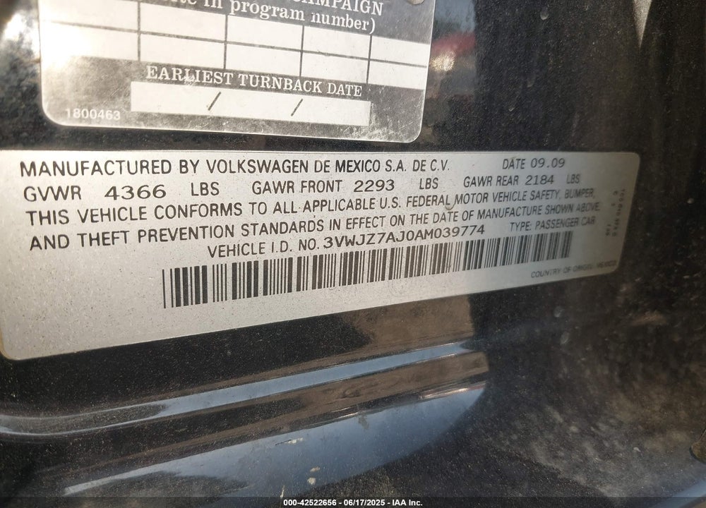 2010 VOLKSWAGEN JETTA VIN: 3VWJZ7AJ0AM039774