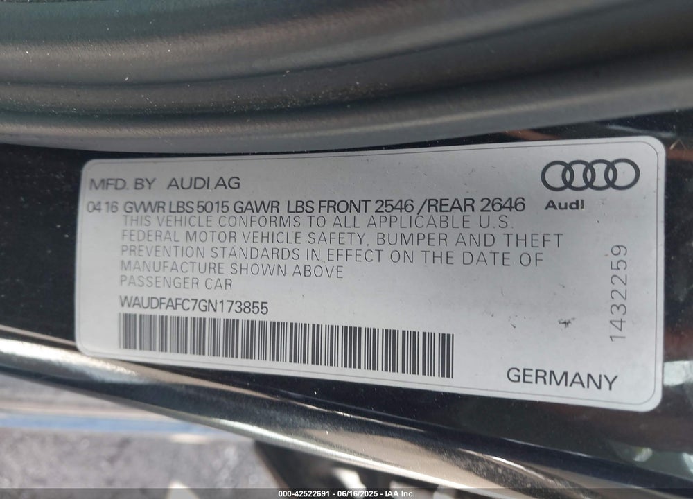 2016 AUDI A6 VIN: WAUDFAFC7GN173855