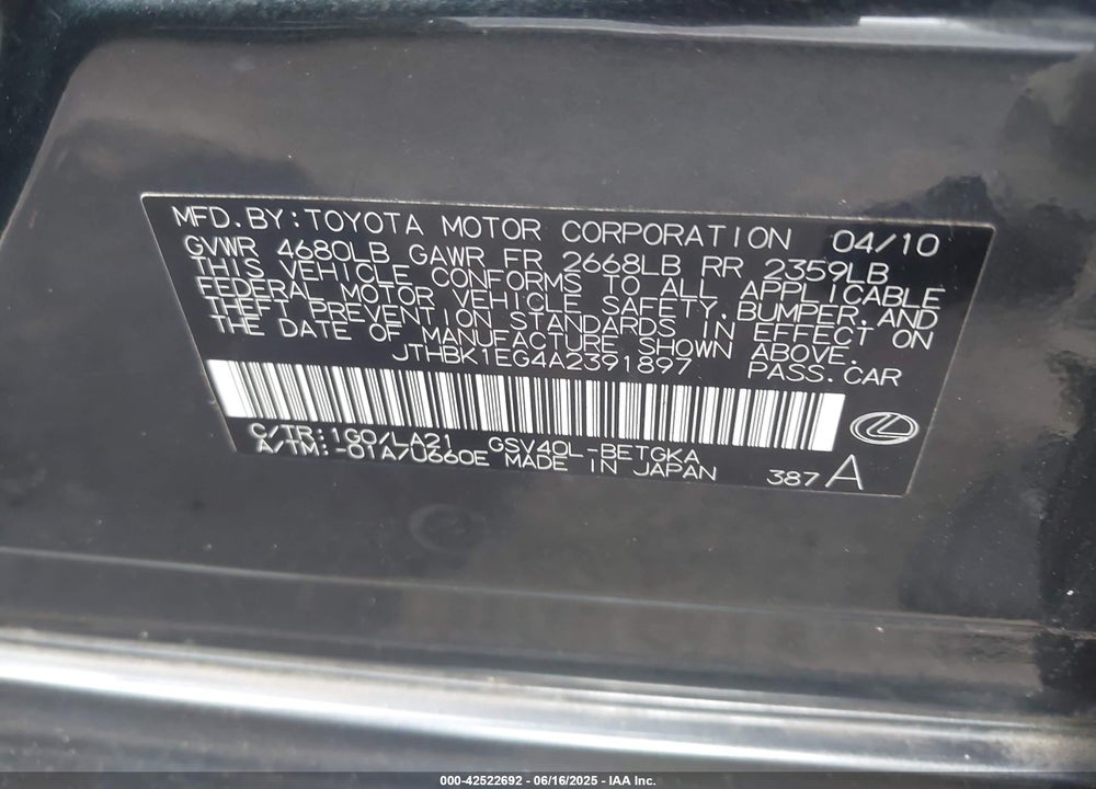 2010 LEXUS ES 350 VIN: JTHBK1EG4A2391897