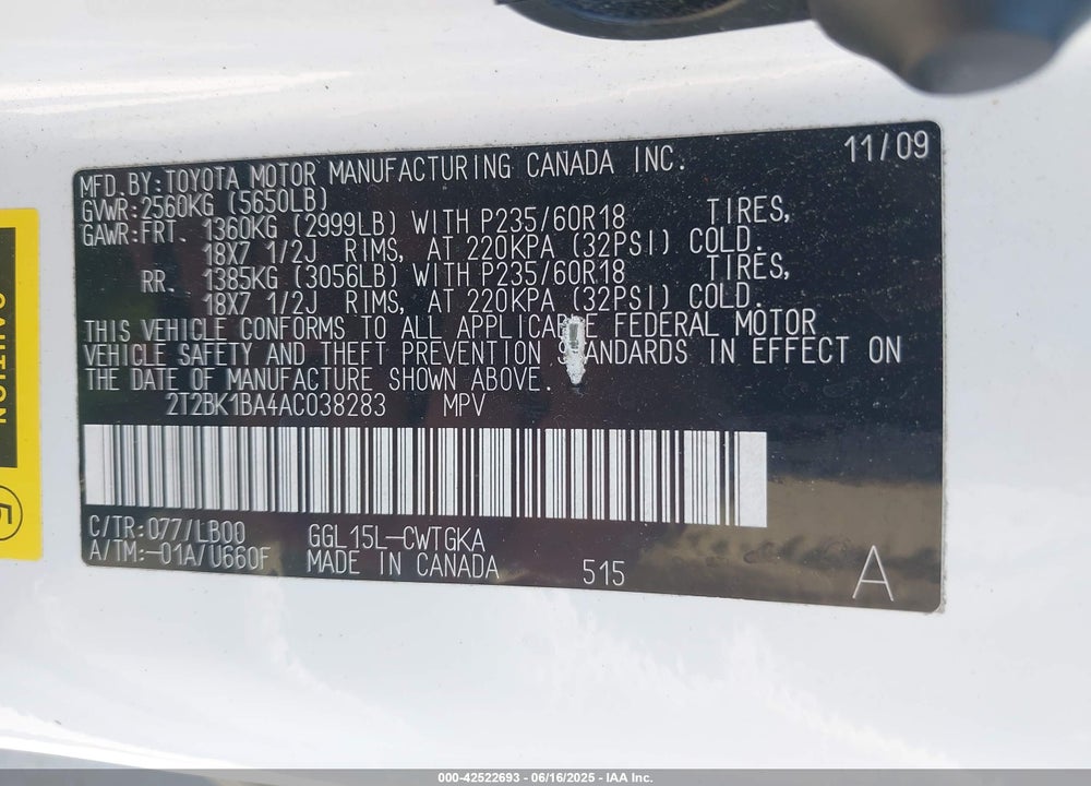 2010 LEXUS RX 350 VIN: 2T2BK1BA4AC038283