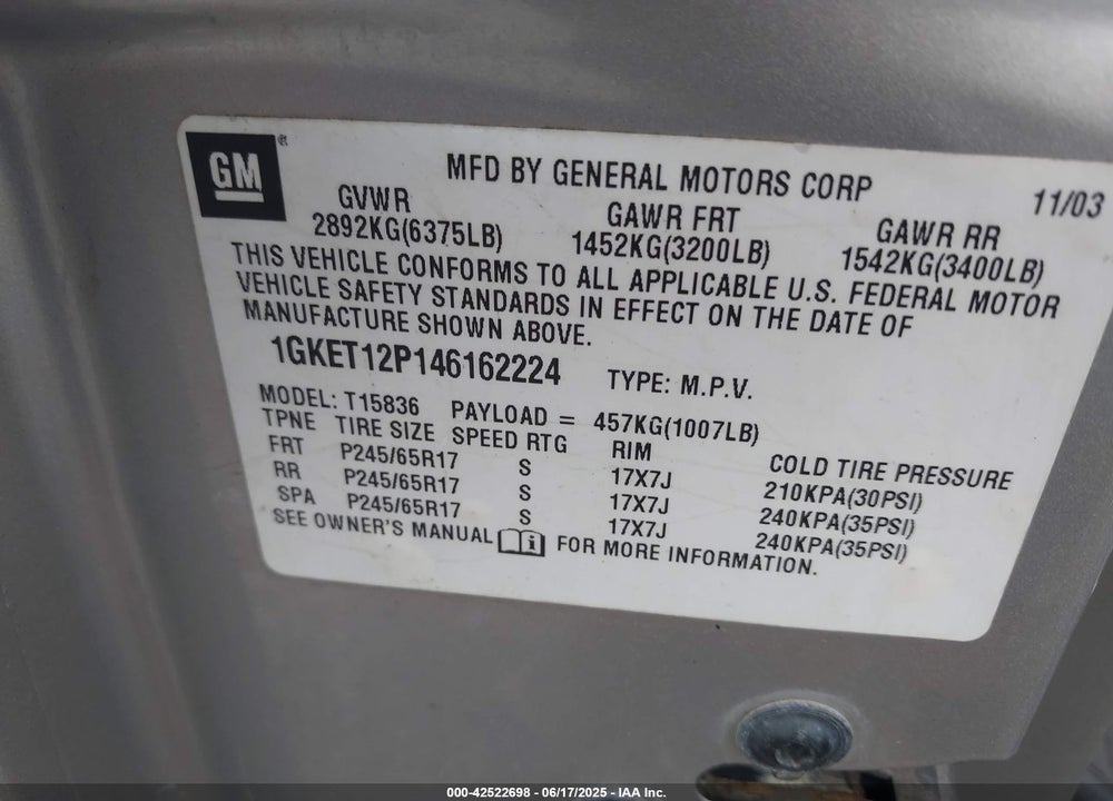 2004 GMC ENVOY XUV VIN: 1GKET12P146162224