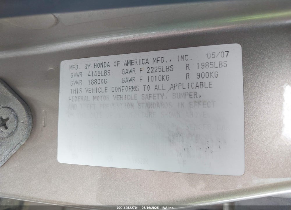 2007 HONDA ACCORD VIN: 1HGCM568X7A172201