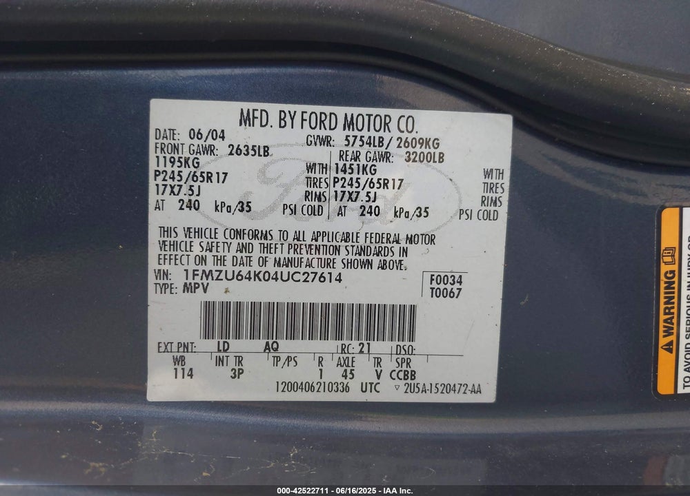 2004 FORD EXPLORER EDDIE BAUER VIN: 1FMZU64K04UC27614