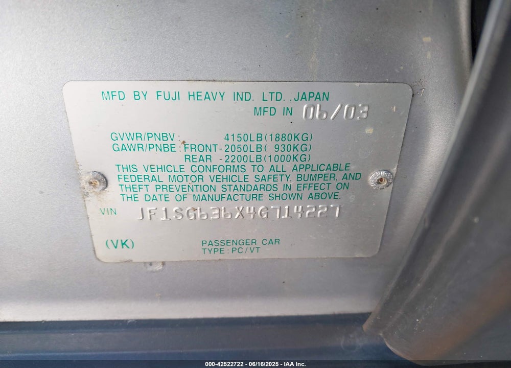 2004 SUBARU FORESTER 2.5X VIN: JF1SG636X4G714227
