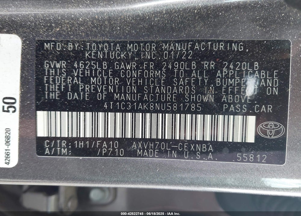 2022 TOYOTA CAMRY LE HYBRID VIN: 4T1C31AK8NU581785