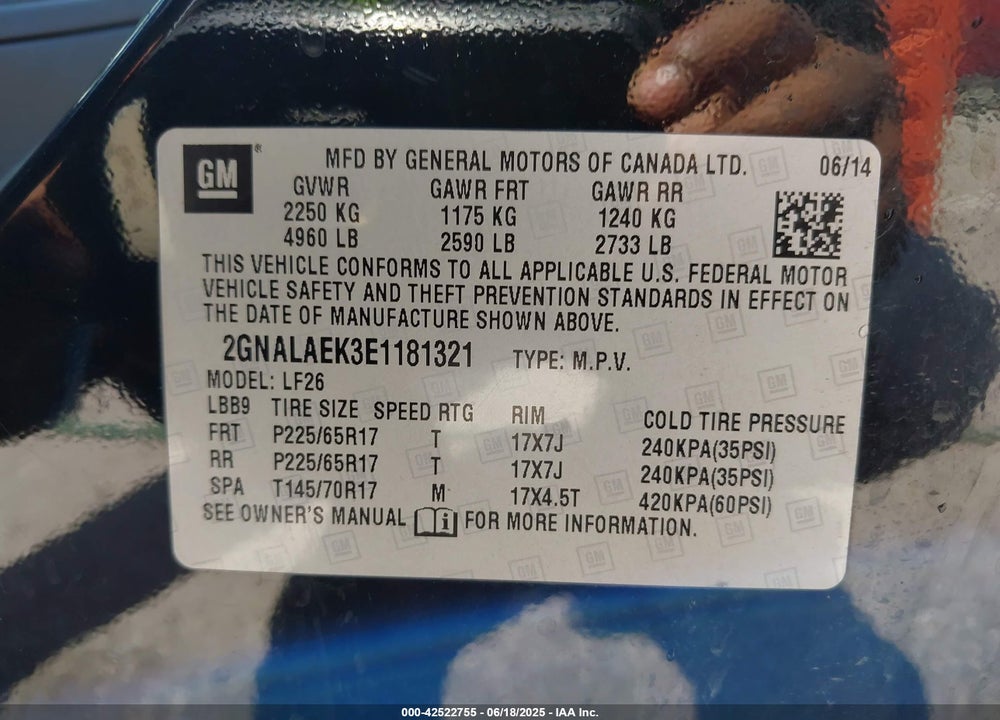 2014 CHEVROLET EQUINOX VIN: 2GNALAEK3E1181321