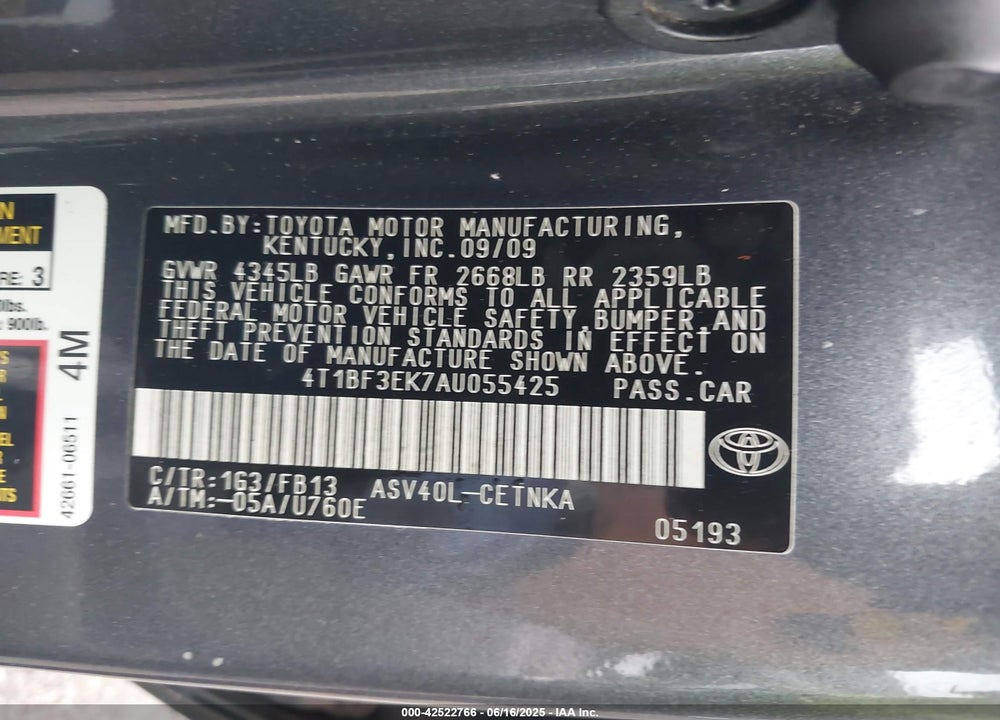 2010 TOYOTA CAMRY VIN: 4T1BF3EK7AU055425